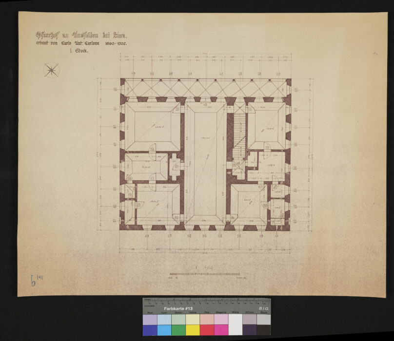 Bauaufnhame des Pfarrhofes Ansfelden, erbaut von C. A. Carlone 1690-1707 Grundriß 1. Stock