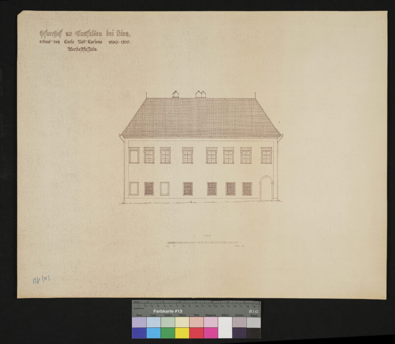 Bauaufnhame des Pfarrhofes Ansfelden, erbaut von C. A. Carlone 1690-1707 Nordostfassade
