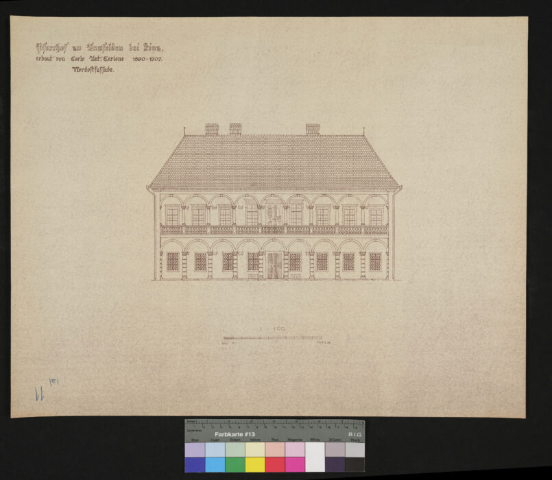 Bauaufnhame des Pfarrhofes Ansfelden, erbaut von C. A. Carlone 1690-1707 Nordostfassade