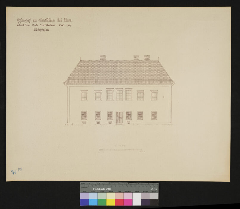 Bauaufnhame des Pfarrhofes Ansfelden, erbaut von C. A. Carlone 1690-1707 Südostfassade