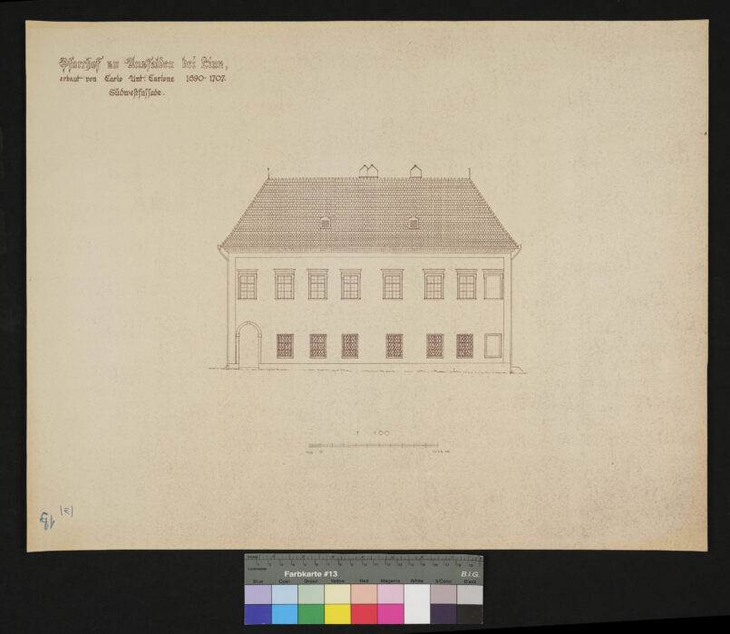 Bauaufnhame des Pfarrhofes Ansfelden, erbaut von C. A. Carlone 1690-1707 Südwestfassade