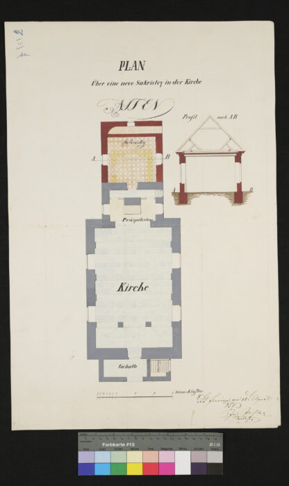 Plan über eine neue Sakristei in der Kirche Asten 14.8.1857 Aufriß