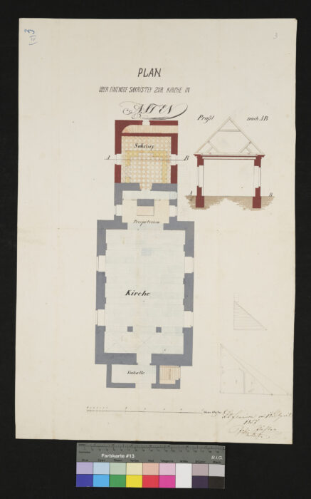 Plan über eine neue Sakristei in der Kirche Asten 14.8.1857 Aufriß