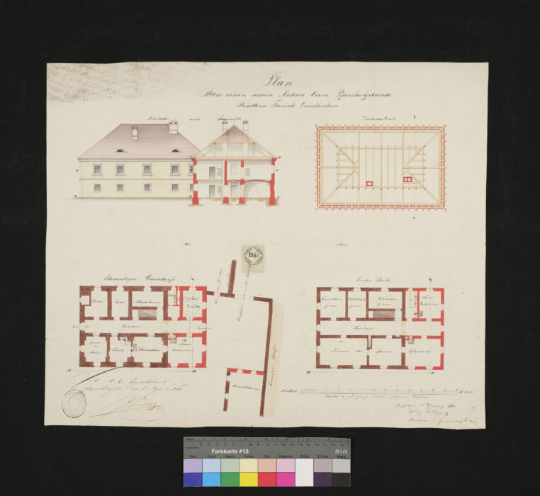 Plan über einen Neubau beim Pfarrhofgebäude Wallern 3.4.1869